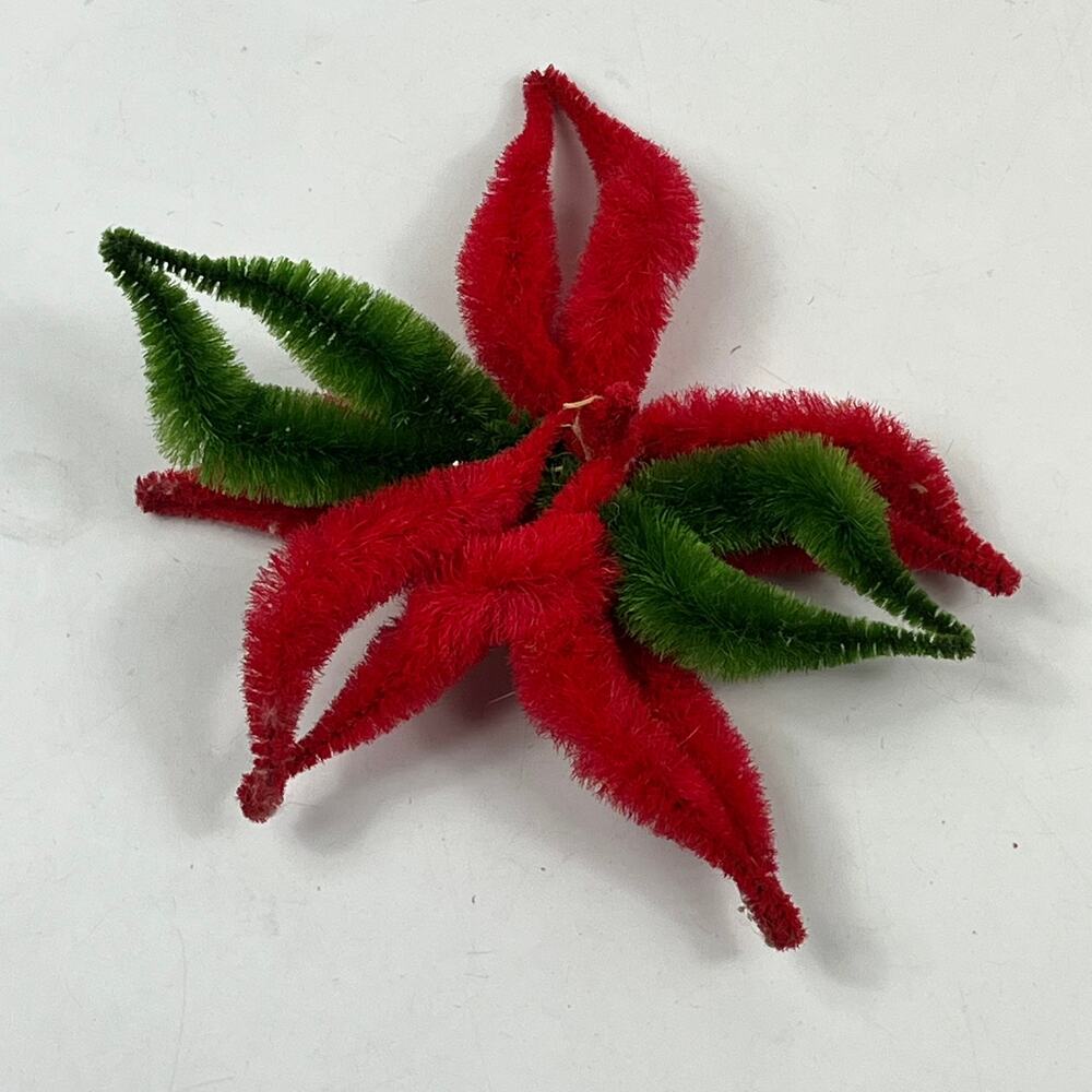 Vtg Mid‑Century Chenille Pipe Cleaner Poinsettia Elf Figurine Set Christmas - Picture 3 of 7